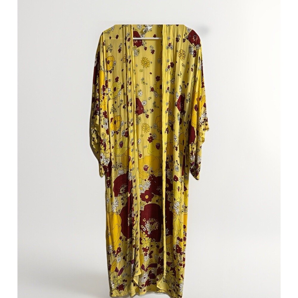 Free People Hidden Hills Maxi Kimono Yellow Floral Boho Hippie One Size - Picture 2 of 7